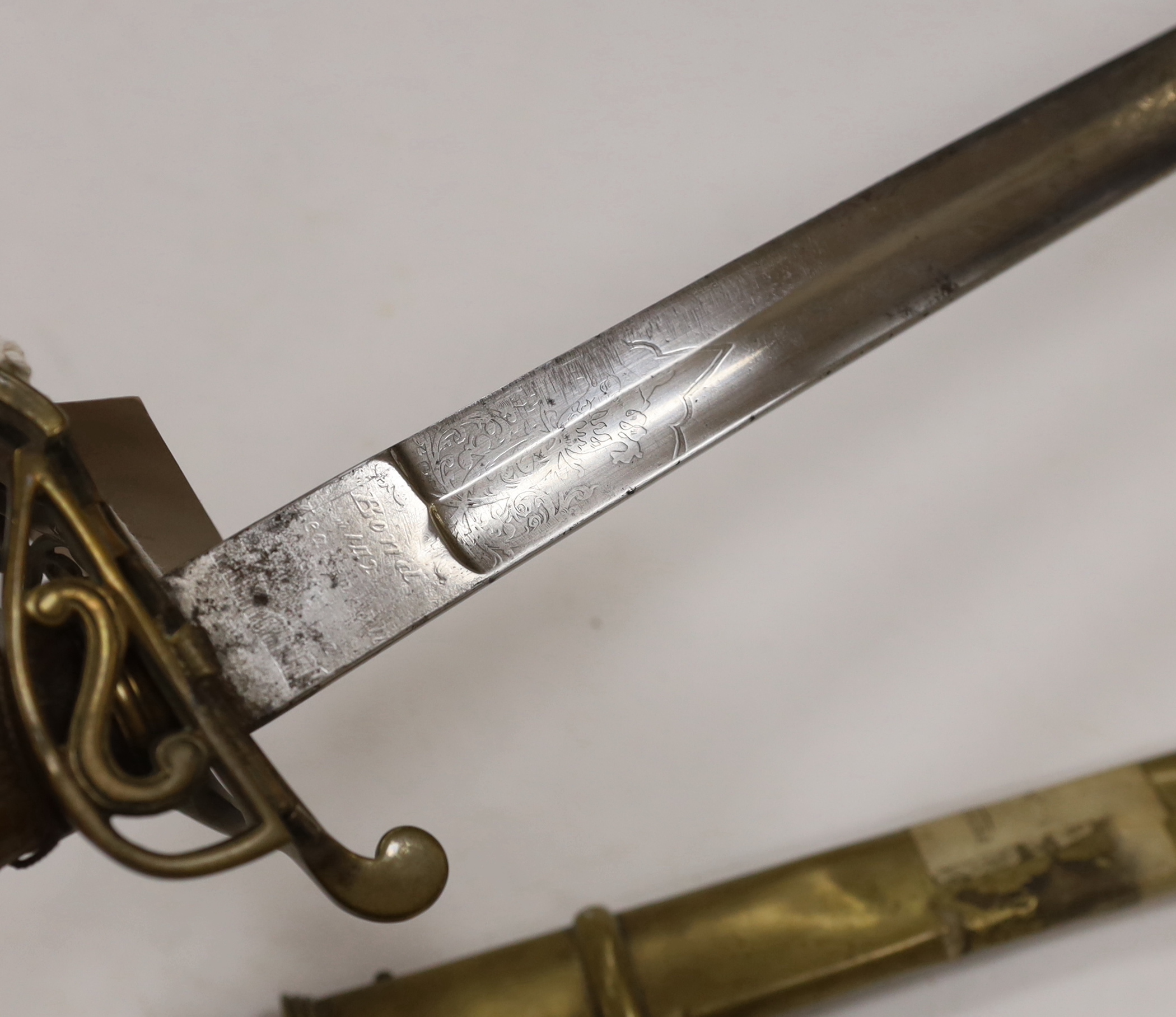 A scarce 1845 pattern infantry officer’s sword to the Penang Police, with regulation hilt, incomplete in its brass scabbard, blade 82cm